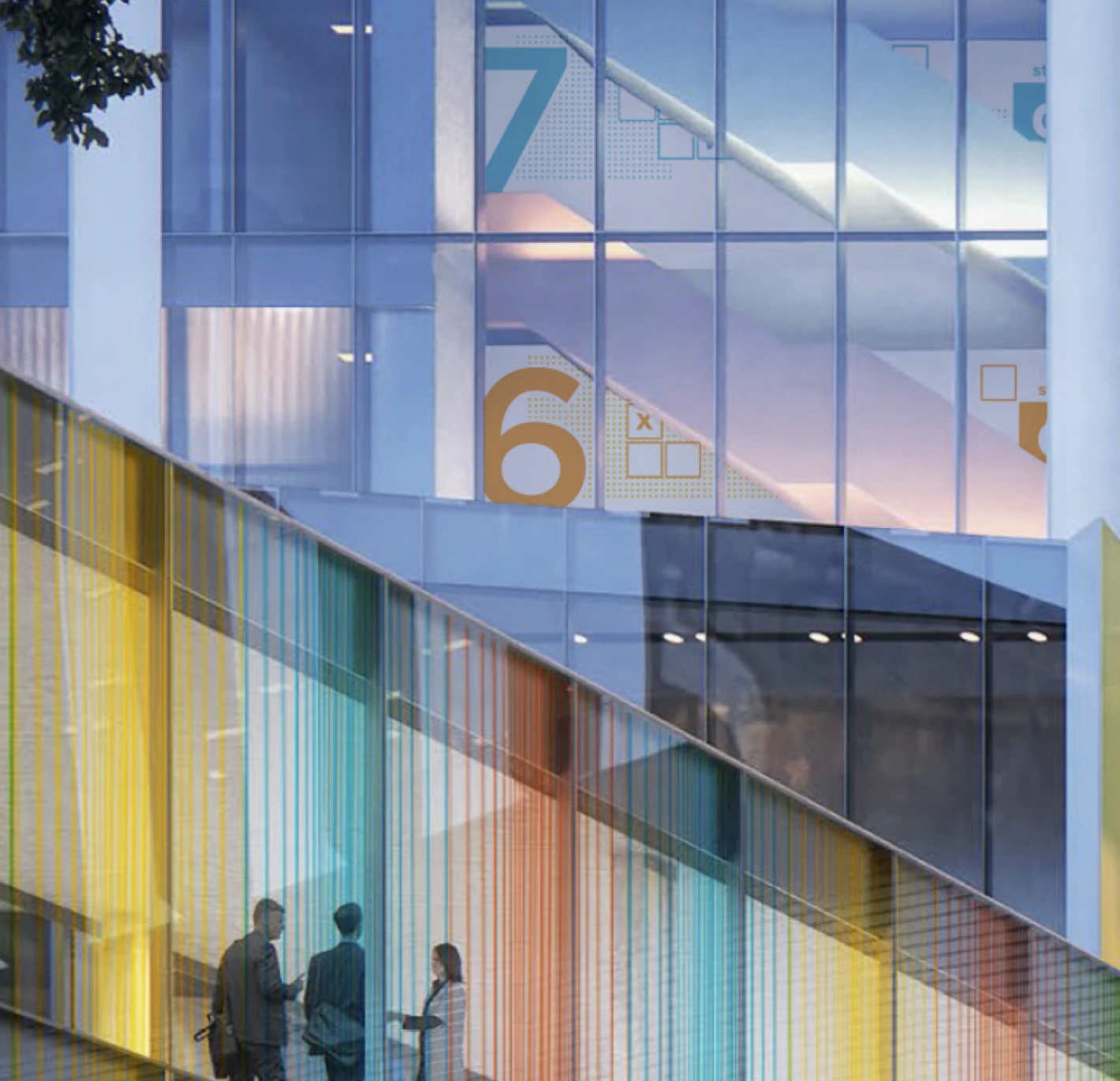 Modern building with colourful string facade and people walking on stairs.