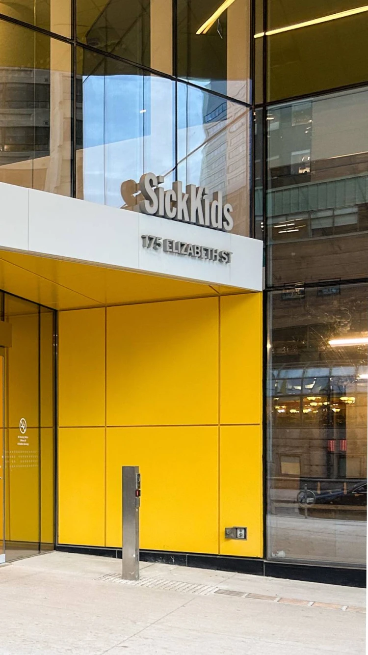 SickKids logo and building entrance at 175 Elizabeth Street.