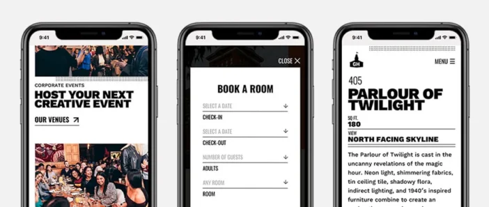Three phone screens showing a corporate events app, a room booking form, and a venue details page.
