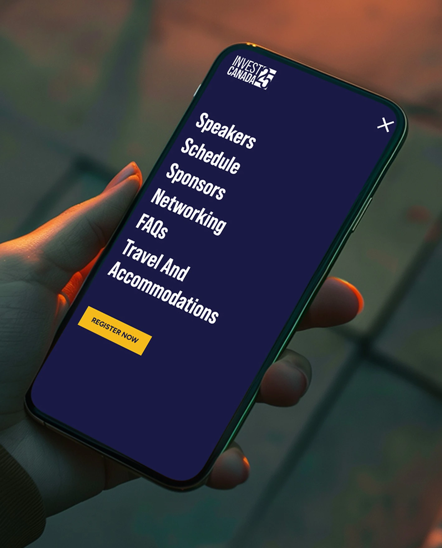 Invest Canada 25 app menu with speakers, schedule, sponsors, networking, FAQs, travel and a register now button.