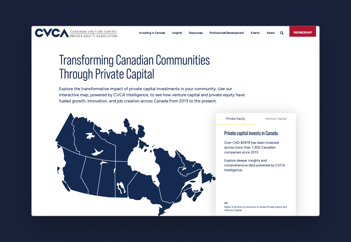 CVCA logo and map of Canada showing private capital investments.