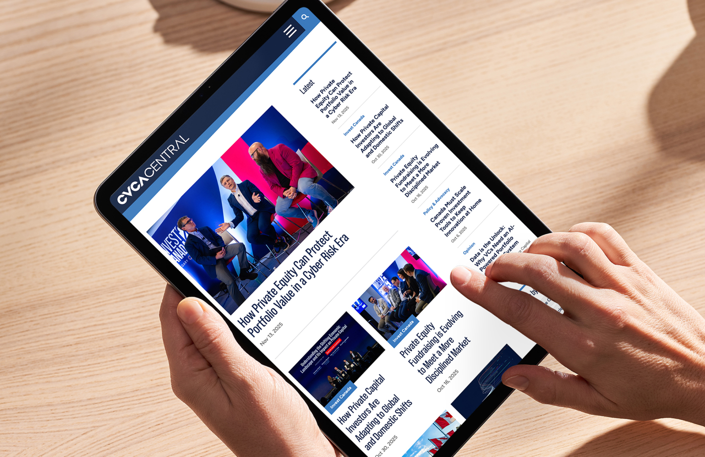 CVCA Central website on a tablet, displaying articles about private equity.